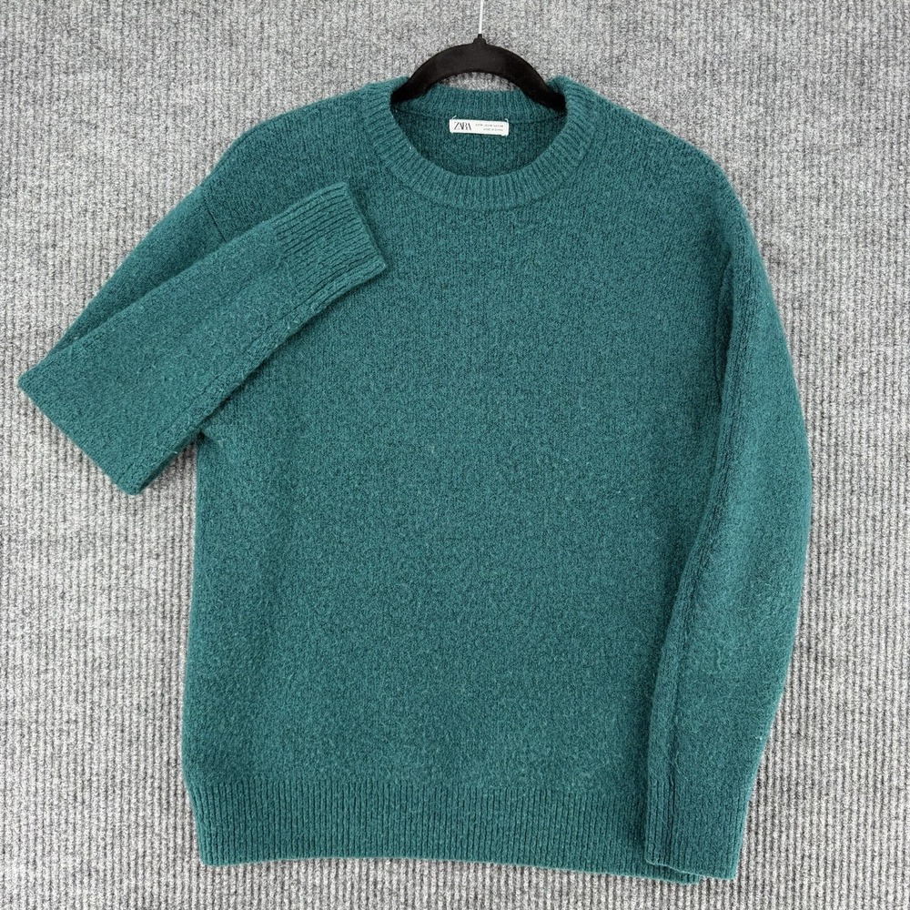 Zara wool blend crewneck sweater womens Medium teal cozy cottage chunky knit